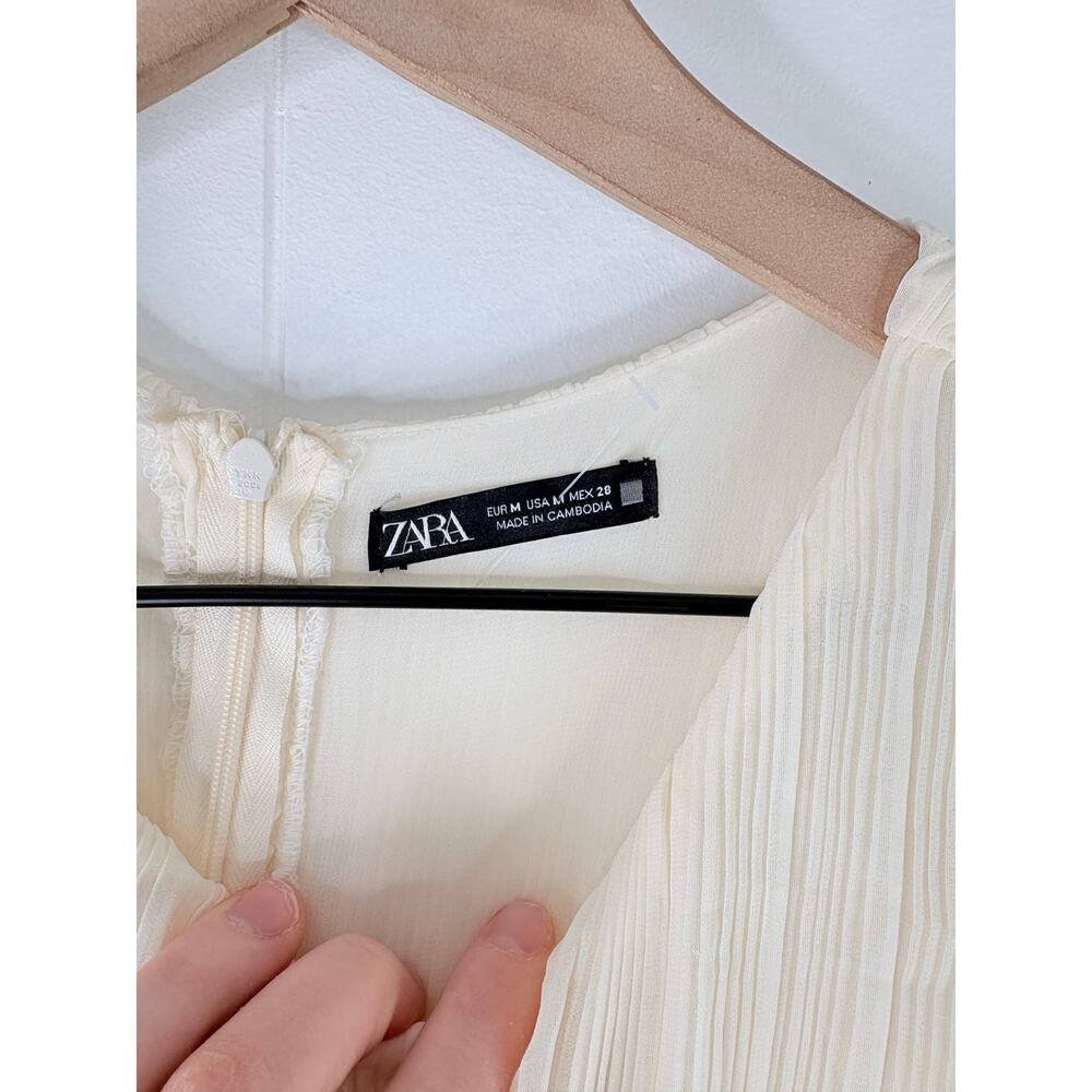 Zara Cutout Pleated Midi Dress Medium Ivory Cream Long Sleeve Flowy Cottagecore - Picture 13 of 15
